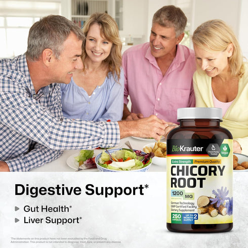 BIO KRAUTER Chicory Fiber Supplement - 1200 mg Strength, 250 Count, Chicory Root Powder, Vegan Inulin Capsules