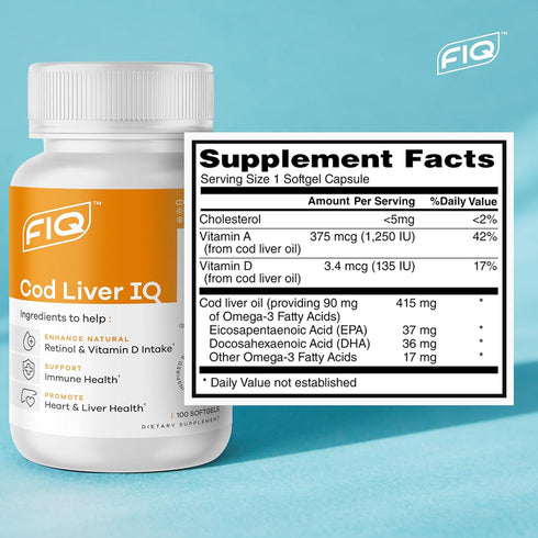 FIQ Cod Liver IQ, Cod Liver Oil Softgels, Natural Source of Vitamins A & D, 100 Softgels