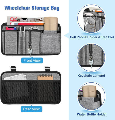 FINPAC Wheelchair Side Storage Bag w/Cup Holder, Wheelchair Armrest Accessories Pouch with Pen Slot and Reflective