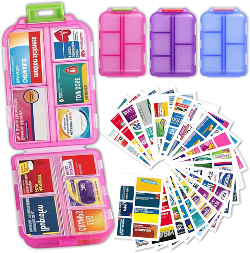 iouwei Pill Organizer with Medicine Labels, Travel Daily Pill Container, Mini Medication Organizer,