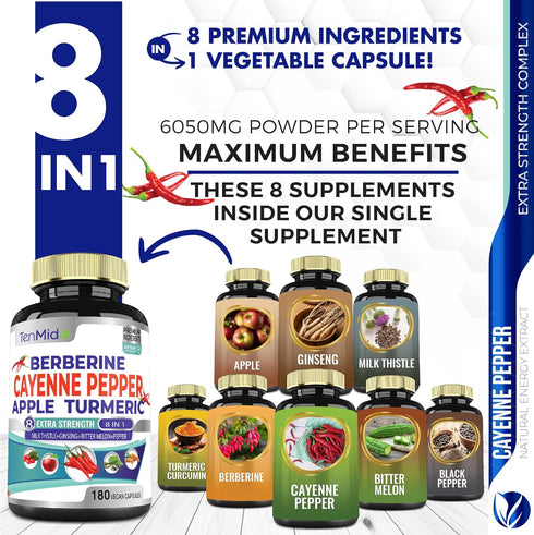 Cayenne Pepper Supplements Extract Capsules 6050mg, 180 Capsules & Berberine, Apple, Turmeric Curcumin, Bitter Melon, Ginseng, Milk Thistle| Supports Heart Health, Promotes Digestive Function