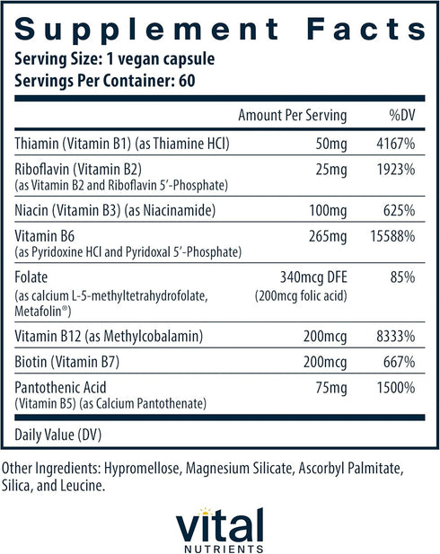 Vital Nutrients Vitamin B6 + B Complex, Vegan Methylated B Vitamins, 60 Capsules