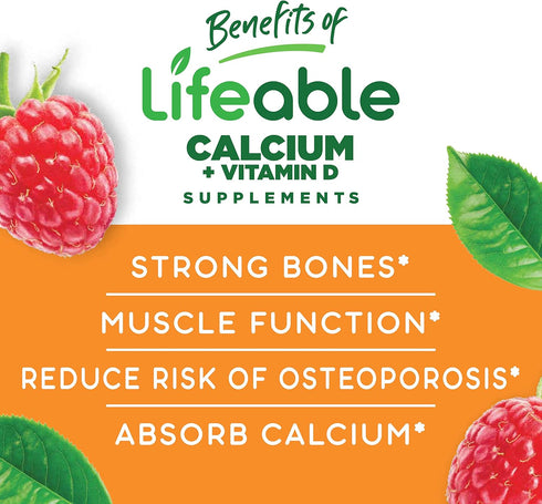 Lifeable Calcium 500 mg with Vitamin D3 1000 IU Gummies for Kids - 60 Chewable Gummies for Bone Growth