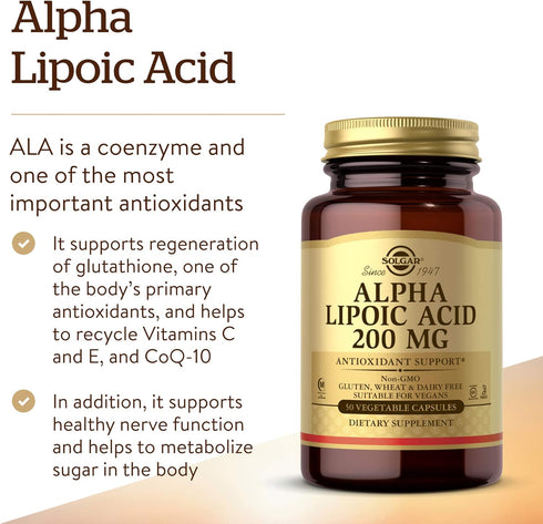 Solgar Alpha Lipoic Acid 200 mg, 50 Vegetable Capsules - Antioxidant Support, Non-GMO, Vegan, Gluten Free