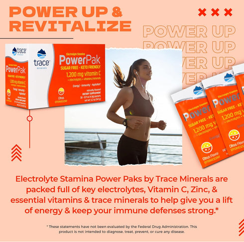 Trace Minerals Power Pak Sugar Free Electrolyte Powder Packets | 1200 mg Vitamin C, Zinc, Magnesium | 30 Packets,