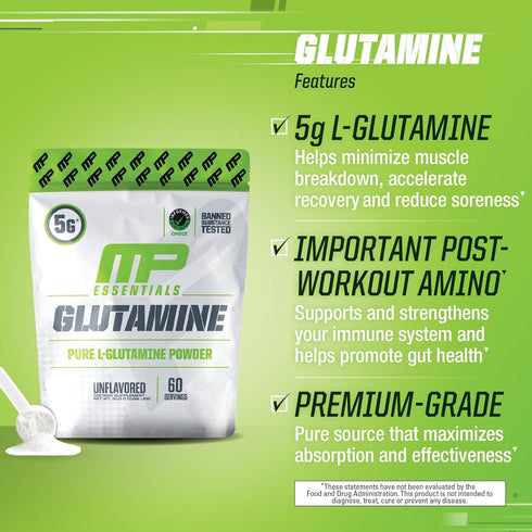 MusclePharm Essentials Glutamine, Pure L-Glutamine Powder Supplement for Post Workout Muscle Recovery, Energy & Gut
