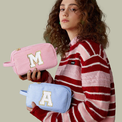 Monogram Cute Initial Blue Makeup Bag, Personalized Cosmetic Pouch for Women, Birthday Gifts for Her K