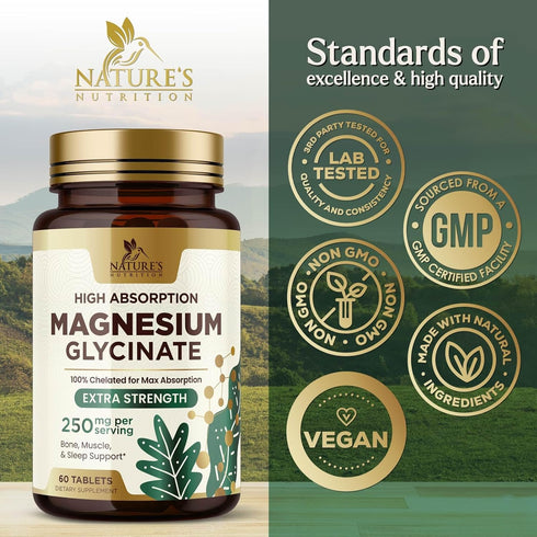 Magnesium Glycinate Supplement 250mg - 60 Tablets High Absorption for Muscle, Heart, Bone Health