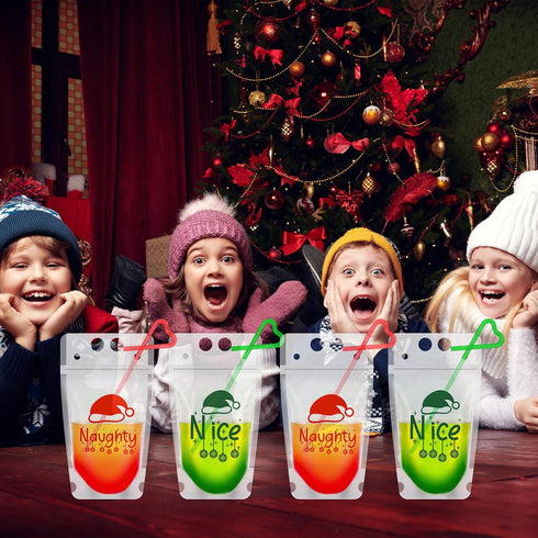Zhanmai 50 Set Christmas Drink Pouches With Straws - Reclosable Plastic Bags for Adults - Team Naughty Team Nice - Xmas