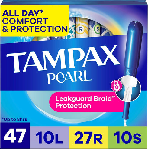 Tampax Pearl Tampons for Women Multipack, with LeakGuard Braid, Light/Regular/Super Absorbency, Unscented,