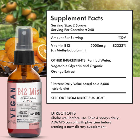 Organic Vegan Vitamin B12 Supplement Liquid Mist, 5,000mcg Methylcobalamin, Non-GMO, 240 Days Supply