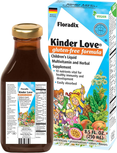 Floradix Kinder Love Vegan Gluten-Free Liquid Multivitamin for Healthy Development, 8.5 Fl Oz