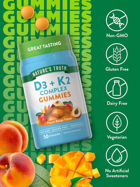 Nature's Truth Vitamin K2 + D3 Gummy Complex, 50 Count, Vegetarian, Non-GMO, Gluten Free, Peach Mango Flavor