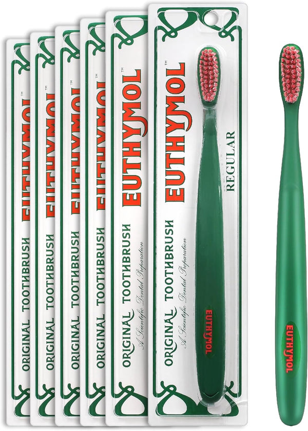 Euthymol Toothbrush, Regular, 6 Count, Curved Soft Bristles for Sensitive Teeth, Gentle Cleaning for Family