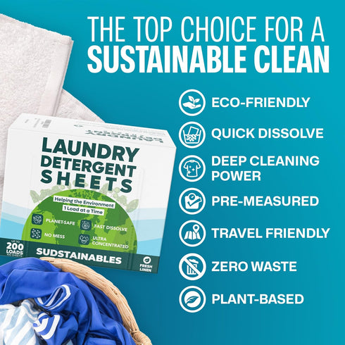 Eco Friendly Laundry Detergent Sheets, 100 sheets (200 loads) - Plant-Based Free and Clear Strips