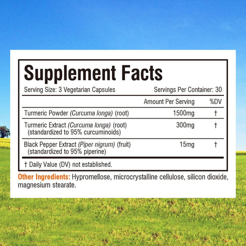 Innate Vitality Turmeric Curcumin Supplement, 1800mg per Serving, with Black Pepper, 95% Curcuminoids, Joint Support, High Absorption, Non-GMO, 90 Vegan Turmeric Caps