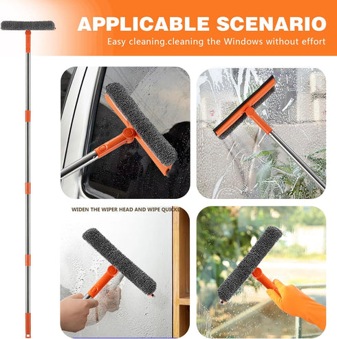 Professional 2 in 1 Window Squeegee with 68" Long Stainless Steel Handle, Microfiber Cloth for High Window Cleaning