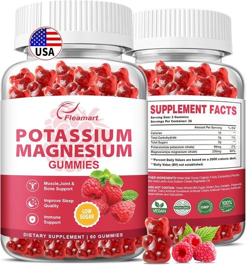 Potassium Magnesium Gummies - 60 Raspberry Gummies, Potassium Citrate 99mg, Magnesium Citrate 250mg, 2 Pack