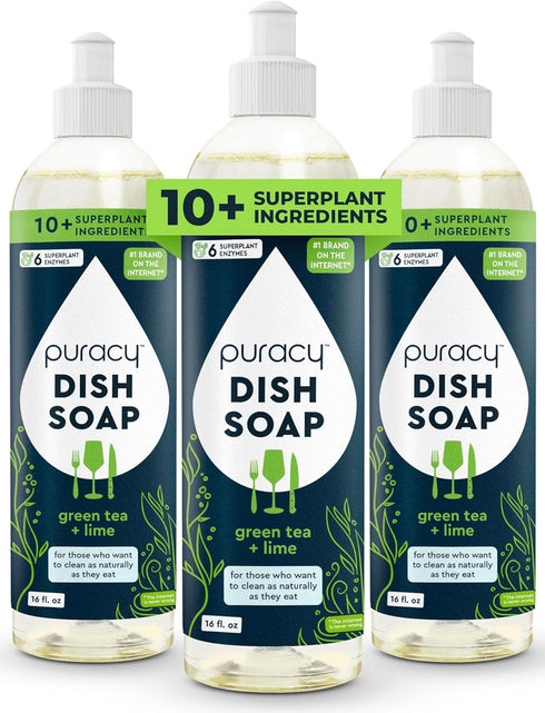 Puracy Dish Soap, 16 Fl Oz, Pack of 3 - Green Tea & Lime, 99.96% Plant-Based, Skin Friendly