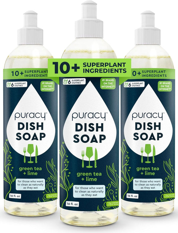 Puracy Dish Soap, 16 Fl Oz, Pack of 3 - Green Tea & Lime, 99.96% Plant-Based, Skin Friendly