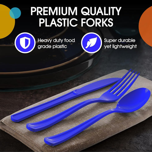 150 Pack Heavy Duty Dark Blue Plastic Cutlery Set, 50 Forks, 50 Spoons, 50 Knives for Party Supplies