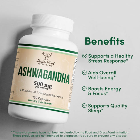 Ashwagandha Capsules, 120 Count (500mg Extract 20:1 Potency, Equivalent to 10,000mg Powder) - Adaptogen Stress Relief