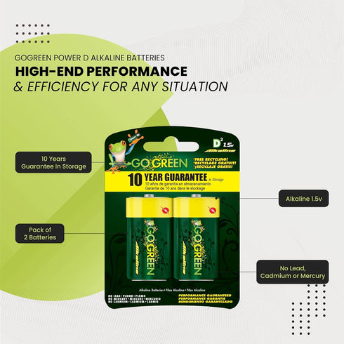 GoGreen Power (24004) Eco-Friendly Alkaline D Batteries, No Lead, Cadmium or Mercury, Pack of 2