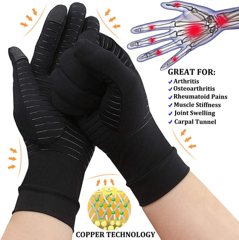 2-Pairs Copper Full Finger Compression Gloves, Arthritis Gloves for Women & Men, Pain Relief Support (Medium Pack of 2)