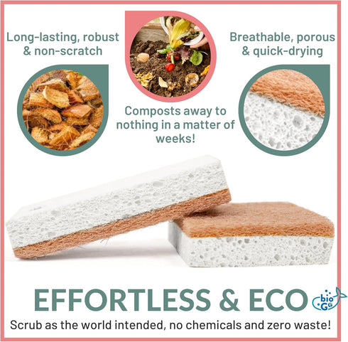 bioGo White 12 Pack Biodegradable Kitchen Sponges - Eco-Friendly Natural Cellulose Dish Sponges