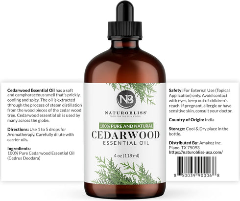 NaturoBliss Cedarwood Essential Oil 4 fl. oz - 100% Pure Therapeutic Grade with Glass Dropper