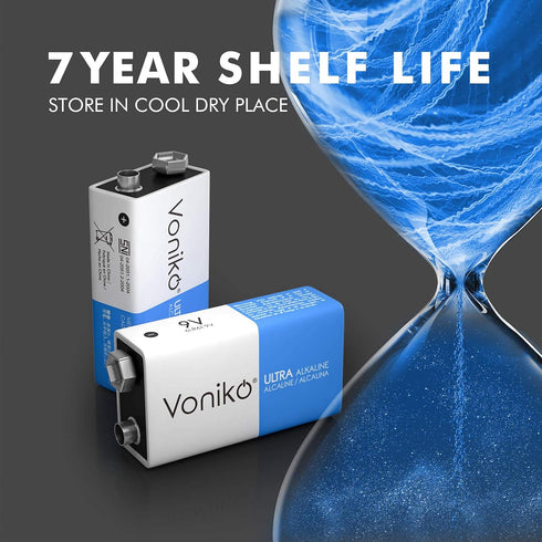 Voniko 9V Batteries, Alkaline 2 Pack, Ultra Long Lasting with 7-Year Shelf Life