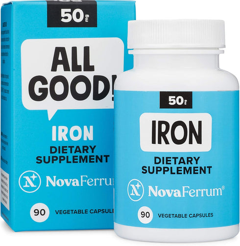 NovaFerrum All Good Iron Capsule Supplements for Adults, 50mg of Iron, 90 Servings, Sugar Free, Vegan, Gluten Free