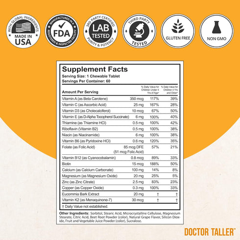 NuBest Doctor Taller Kids - 60 Vegan Chewable Tablets for Kids Multivitamins, Support Healthy Immunity & Bone Strength