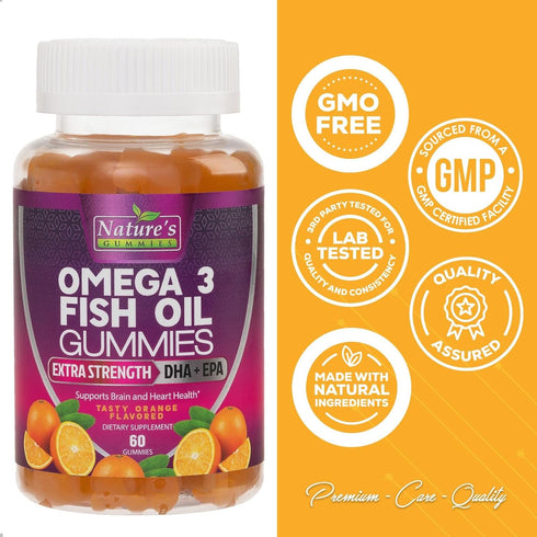Omega 3 Fish Oil Gummies - 60 Gummies - Extra Strength for Joint, Heart & Brain Support - Orange Flavor