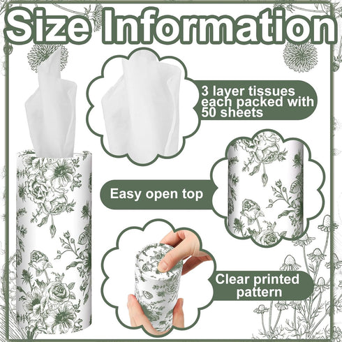 Zonon 8 50 Pcs Car Tissues Holder Sage Green Floral Round Box with Facial Tissue Bulk Flower Car Tissues Cylinder