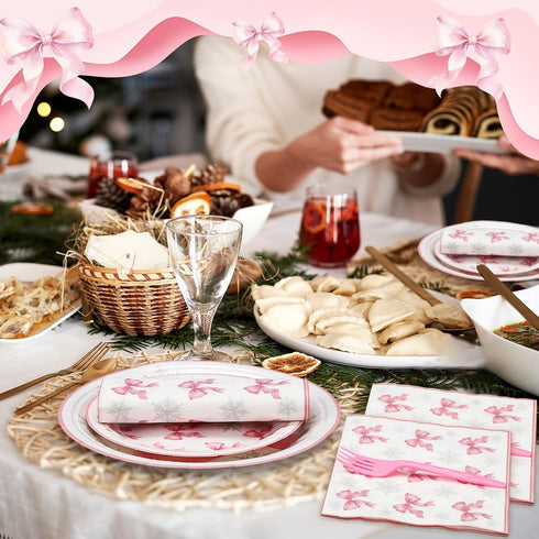 Havawish 96 Set 24 Pcs Pink Bow Snowflake Paper Plates Winter Wonderland Plates and Napkins It's Cold Outside Winter