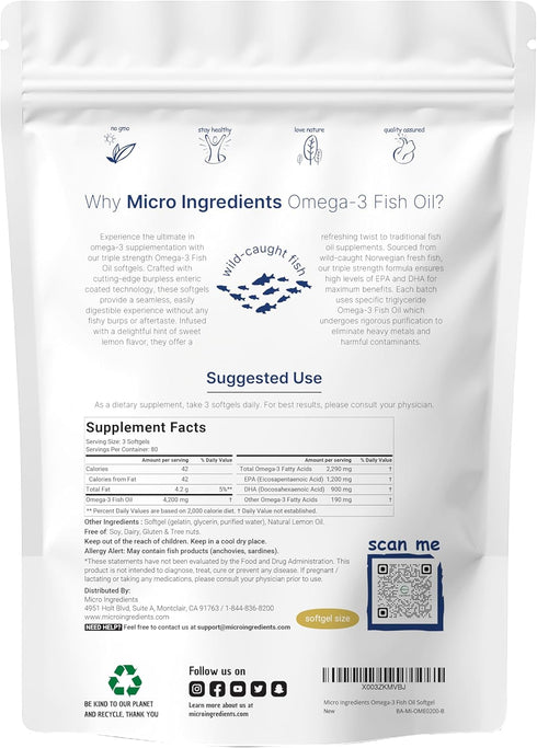 Triple Strength Omega 3 Fish Oil Supplements 4200mg Per Serving, 240 Softgels – Lemon Flavored – Burpless | EPA 1200mg + DHA 900mg | Deep Sea Fish