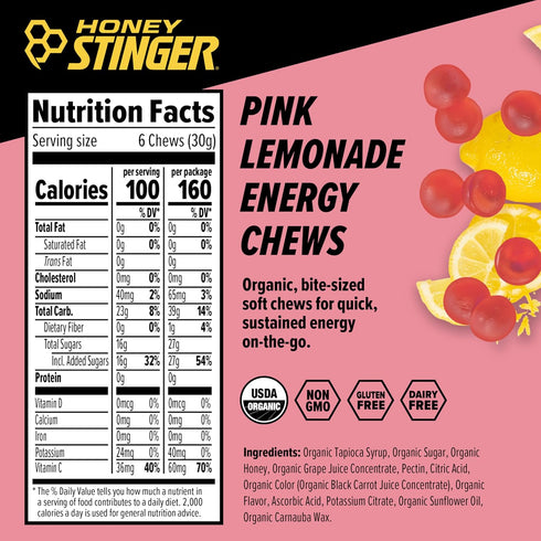 Honey Stinger Organic Pink Lemonade Energy Chew, Gluten Free & Caffeine Free, 12 Pack, 21.6 Ounce