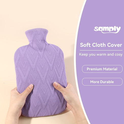 Samply Hot Water Bottle with Cover, 2L for Hot and Cold Compress, Neck and Shoulder Pain Relief, Light Purple