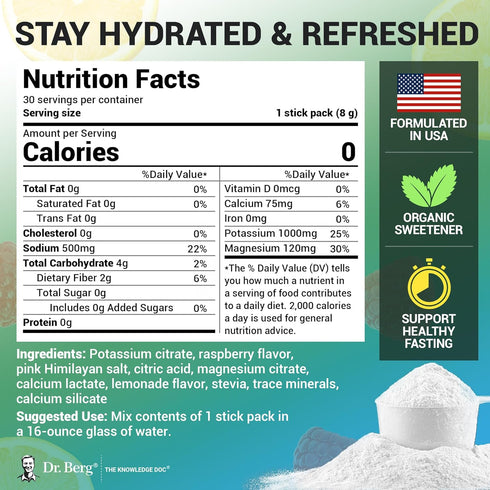 Dr. Berg Sports Hydration Electrolytes Powder, 30 Keto Packets, Pink Himalayan Salt, Salty Raspberry & Lemon Flavor,
