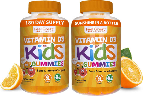 Feel Great Kids Vitamin D3 1000 IU Gummies for Healthy Bones, Mood, & Immune Support, Citrus Flavored Vegetarian D3