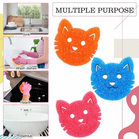6 Pcs Cat Dual Sided Scrub Sponge Cleaning Sponges, Cute Temperature Sensitive Dish Sponges