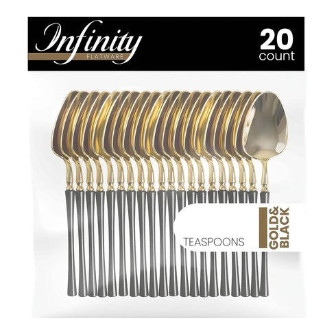 Infinity Flatware Gold/Black Teaspoons, 20 Count Luxury Disposable Cutlery for Elegant Events & Parties