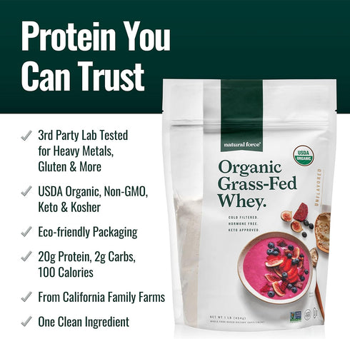 Natural Force Grass Fed Organic Whey Protein Powder - Non GMO, Keto Friendly, Low Carb, Kosher, Pure & Unflavored, 16