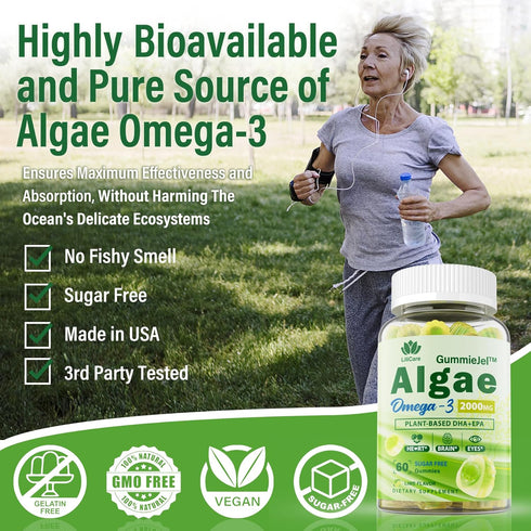 Vegan Omega 3 Supplement Gummies, 2000mg Algae Omega 3 with 640mg DHA & 290mg EPA, Sugar Free, 60 Count