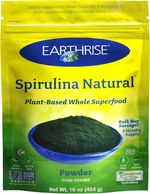 Earthrise Spirulina Natural Powder 16oz, Premium Vegan, Gluten Free, Keto Friendly, Non-GMO Super Food high in Vitamins