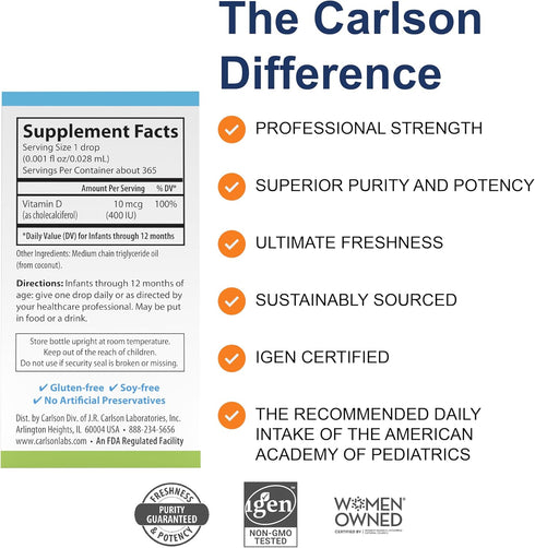 Carlson - Baby's Super Daily D3, Baby Vitamin D Drops, 400 IU (10 mcg) per Drop, 1-Year Supply, Vegetarian, Liquid Vitamin D for Infants and Toddlers, Unflavored, 365 Drops