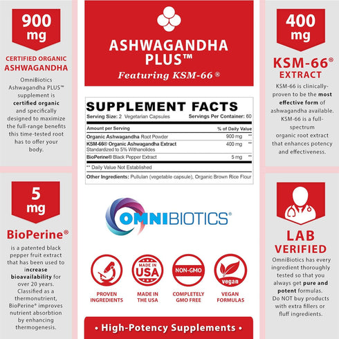 OmniBiotics Organic Ashwagandha Supplement – 1300mg Total Strength, 120 Vegan Capsules for Stress Relief