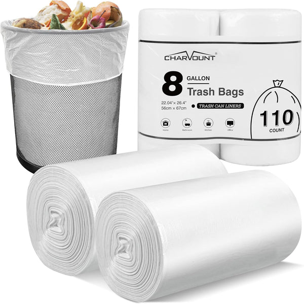 Charmount 8 Gallon Trash Bags, 110 Count, Clear Medium Garbage Bags for Bathroom Kitchen Office