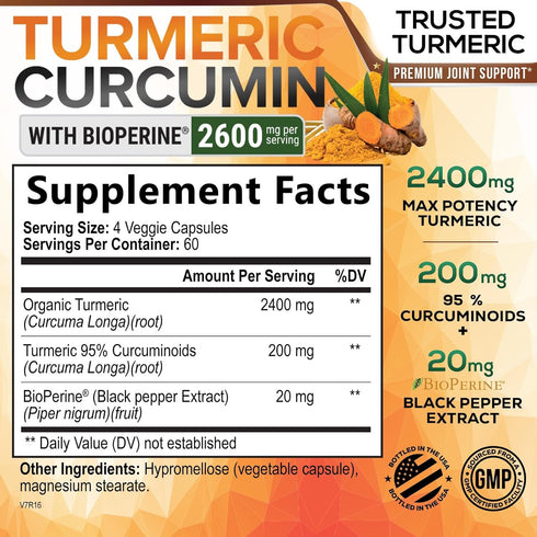 Turmeric Curcumin Supplement with BioPerine, 2600mg with Black Pepper for Best Absorption, 240 Capsules